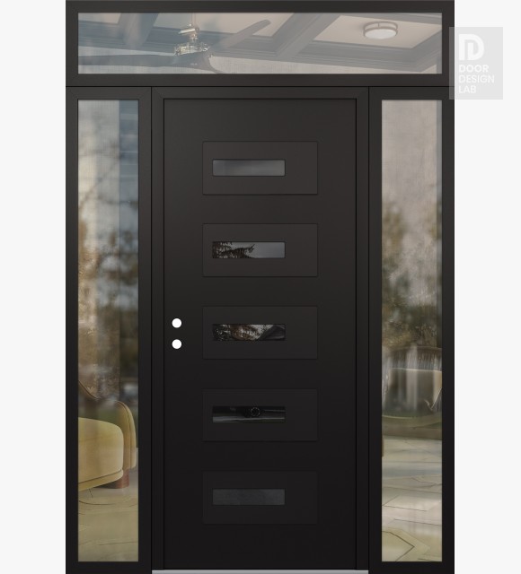 Modern Steel Front Door Diamond D6 68" x 96" black/black mirrored Glass Panel black RHI with 2 Sidelites and Transom clear Glass