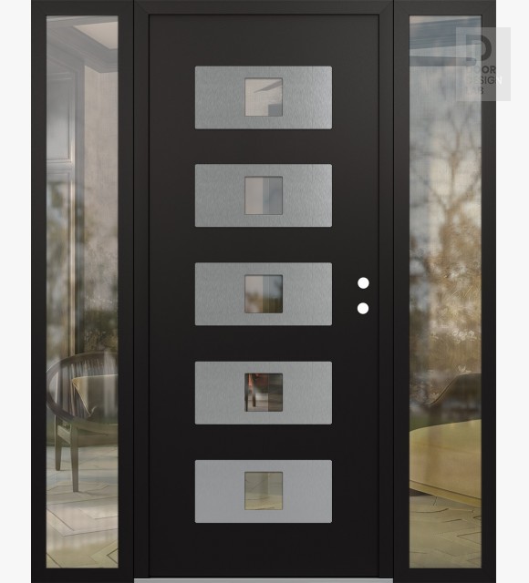 Modern Steel Front Door Diamond D8 64" x 80" black/black clear Glass Panel stainless steel LHI with 2 Sidelites clear Glass