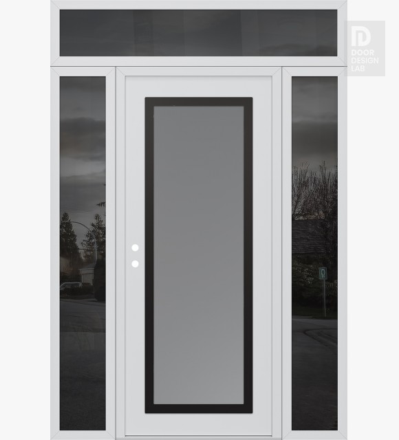 Modern Steel Front Door Diamond C1 64" x 96" white/white frosted Glass Panel black RHI with 2 Sidelites and Transom mirrored Glass