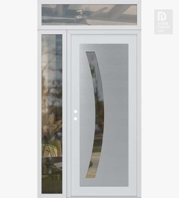 Modern Steel Front Door Diamond C4 52" x 96" white/white clear Glass Panel stainless steel RHI with Sidelite and Transom clear Glass