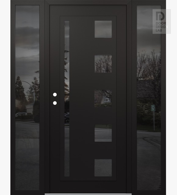 Modern Steel Front Door Diamond C3 68" x 80" black/black mirrored Glass Panel black RHI with 2 Sidelites mirrored Glass