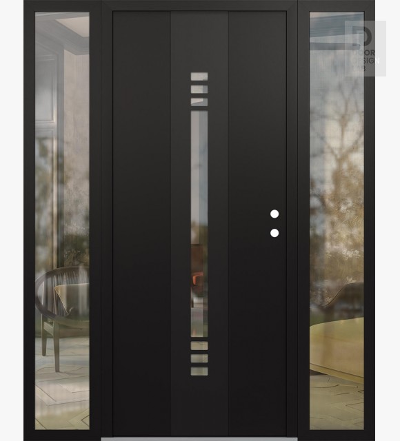 Modern Steel Front Door DIAMOND A5 60" X 80" BLACK/BLACK CLEAR GLASS PANEL BLACK LHI WITH 2 SIDELITES CLEAR GLASS