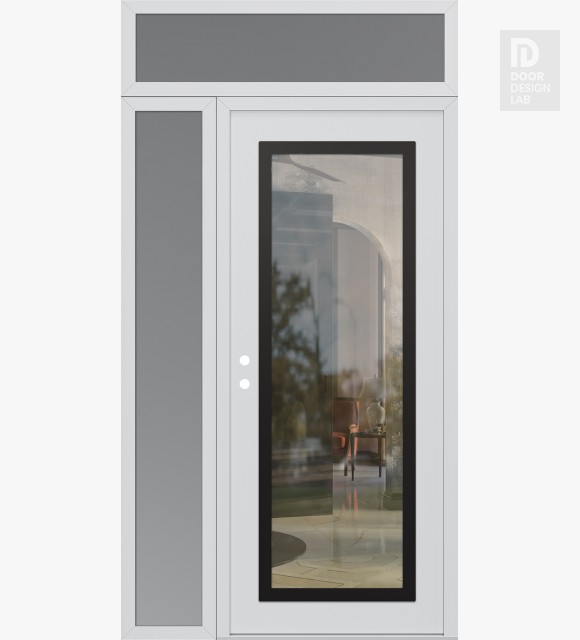 Modern Steel Front Door Diamond C1 48" x 96" white/white clear Glass Panel black RHI with Sidelite and Transom frosted Glass