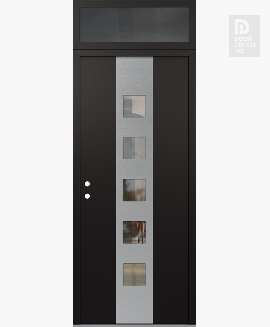 Modern Steel Front Door DIAMOND A13 36" X 96" BLACK/BLACK CLEAR GLASS PANEL STAINLESS STEEL RHI WITH TRANSOM MIRRORED GLASS