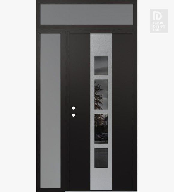 Modern Steel Front Door DIAMOND A10 48" X 96" BLACK/BLACK MIRRORED GLASS PANEL STAINLESS STEEL RHI WITH SIDELITE AND TRANSOM FROSTED GLASS