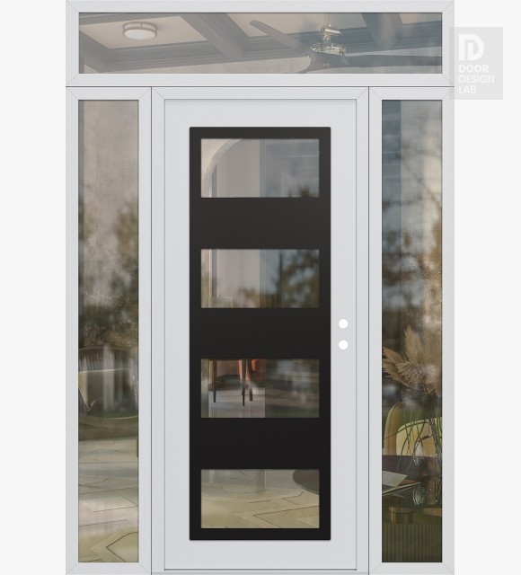 Modern Steel Front Door Diamond C2 68" x 96" white/white clear Glass Panel black LHI with 2 Sidelites and Transom clear Glass