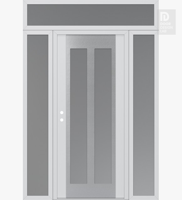 Modern Steel Front Door Diamond C14 64" x 96" white/white frosted Glass Panel stainless steel RHI with 2 Sidelites and Transom frosted Glass