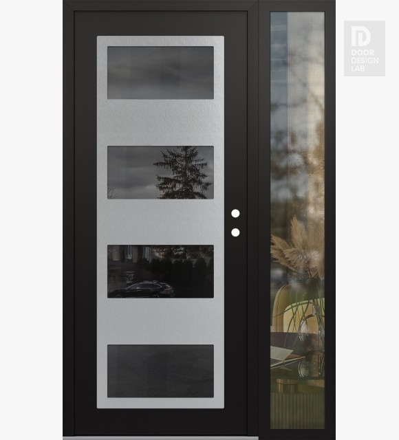 Modern Steel Front Door Diamond C2 48" x 80" black/black mirrored Glass Panel stainless steel LHI with Sidelite clear Glass