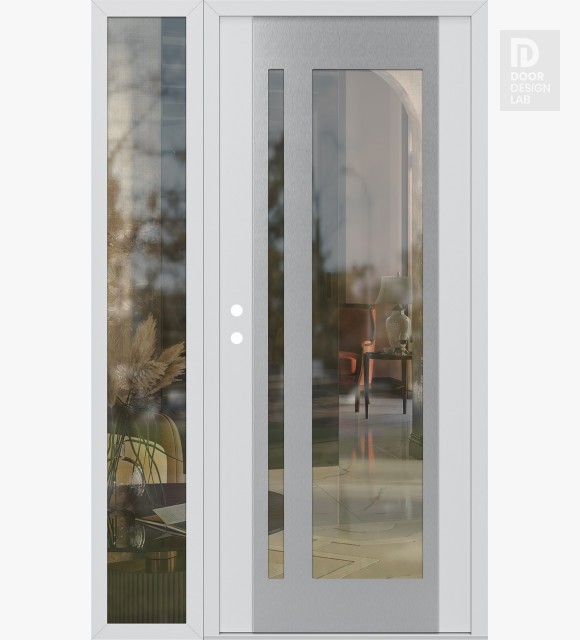 Modern Steel Front Door Diamond C15 52" x 80" white/white clear Glass Panel stainless steel RHI with Sidelite clear Glass
