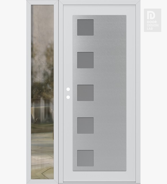 Modern Steel Front Door Diamond C5 48" x 80" white/white frosted Glass Panel stainless steel RHI with Sidelite clear Glass
