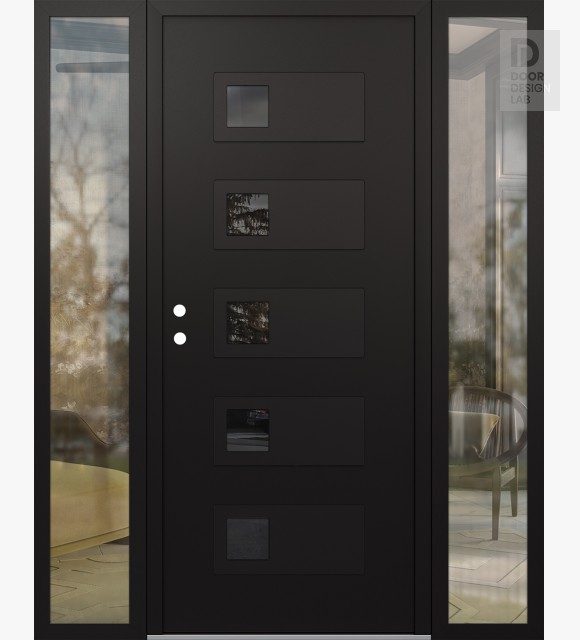 Modern Steel Front Door Diamond D2 68" x 80" black/black mirrored Glass Panel black RHI with 2 Sidelites clear Glass