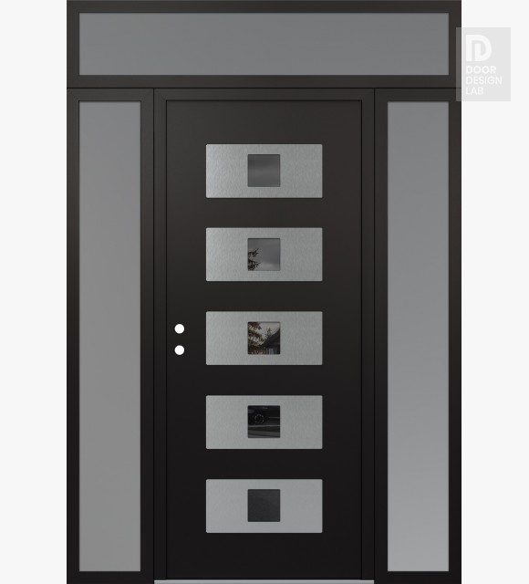 Modern Steel Front Door Diamond D8 68" x 96" black/black mirrored Glass Panel stainless steel RHI with 2 Sidelites and Transom frosted Glass