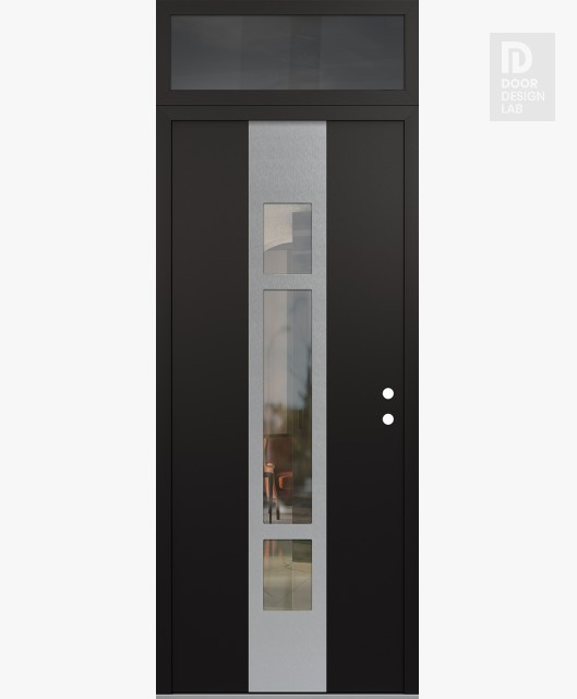 Modern Steel Front Door DIAMOND A9 36" X 96" BLACK/BLACK CLEAR GLASS PANEL STAINLESS STEEL LHI WITH TRANSOM MIRRORED GLASS