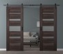 DOUBLE BARN DOOR AVON 07-03 VETRO VERALINGA OAK 64" X 84" X 1 3/4" BLACK HARDWARE