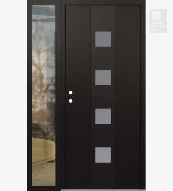 Modern Steel Front Door DIAMOND A12 52" X 80" BLACK/WHITE FROSTED GLASS PANEL BLACK RHI WITH SIDELITE CLEAR GLASS