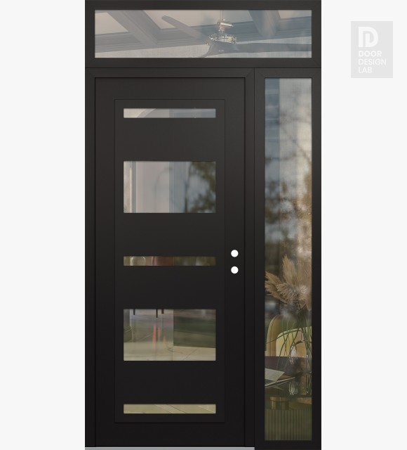 Modern Steel Front Door Diamond C10 50" x 96" black/black clear Glass Panel black LHI with Sidelite and Transom clear Glass
