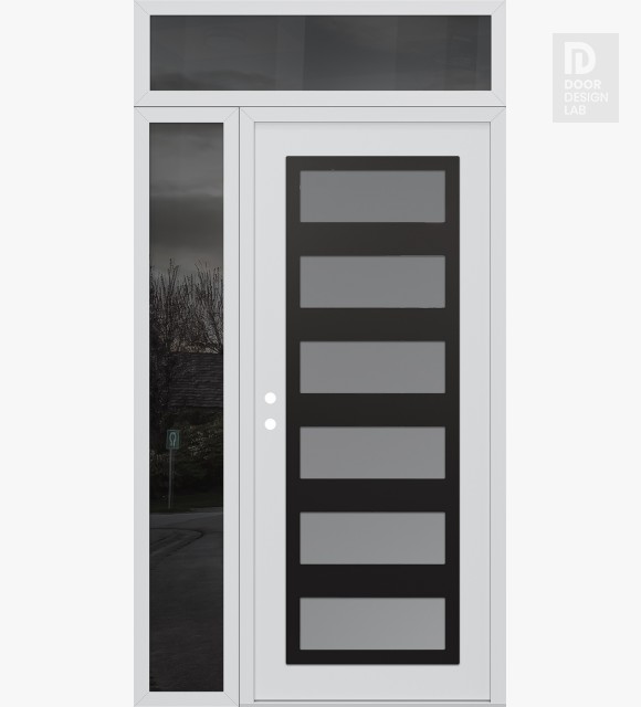 Modern Steel Front Door Diamond C9 50" x 96" white/white frosted Glass Panel black RHI with Sidelite and Transom mirrored Glass