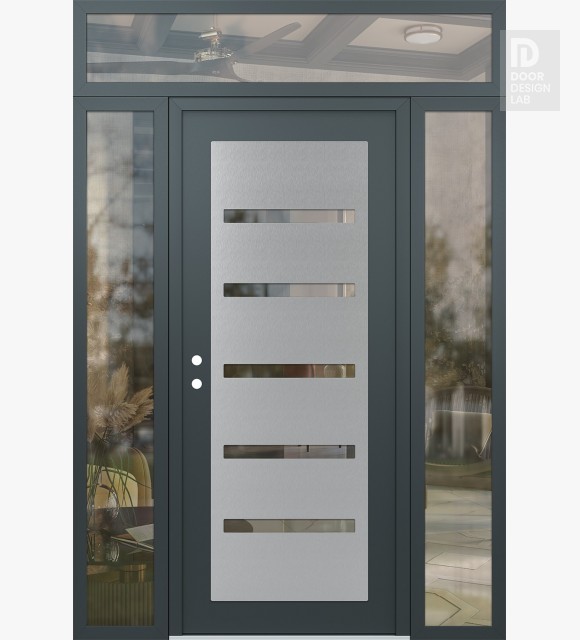 Modern Steel Front Door Diamond C7 64" x 96" anthracite/anthracite clear Glass Panel stainless steel RHI with 2 Sidelites and Transom clear Glass