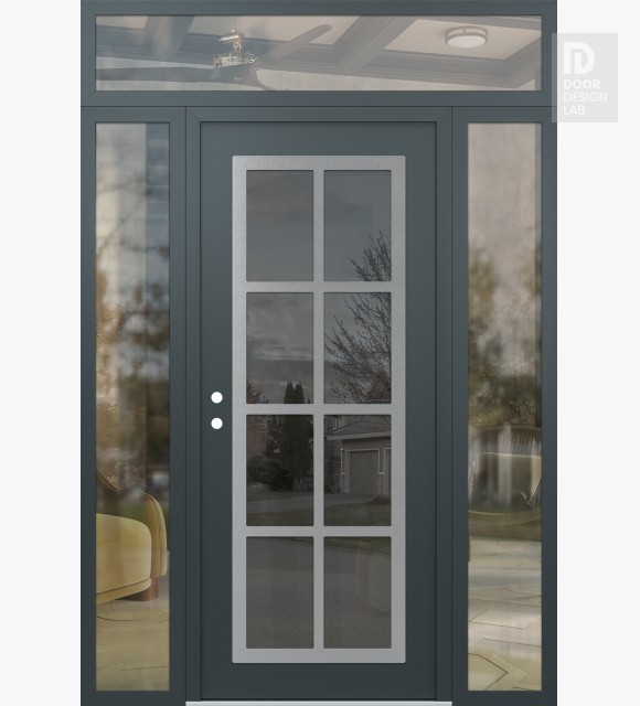 Modern Steel Front Door Diamond C16 64" x 96" anthracite/anthracite mirrored Glass Panel stainless steel RHI with 2 Sidelites and Transom clear Glass