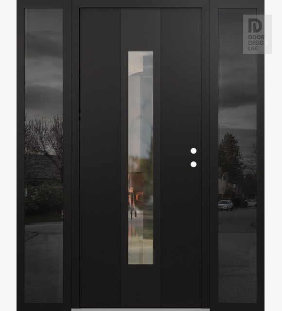 Modern Steel Front Door DIAMOND A1 64" X 80" BLACK/BLACK CLEAR GLASS PANEL BLACK LHI WITH 2 SIDELITES MIRRORED GLASS