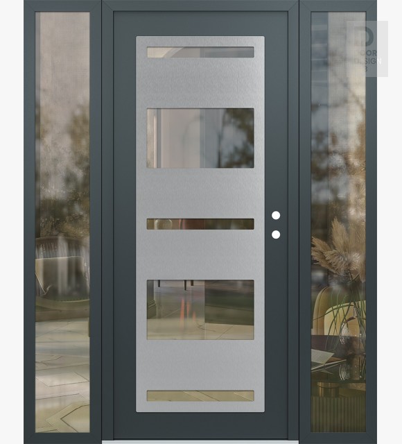 Modern Steel Front Door Diamond C10 60" x 80" anthracite/anthracite clear Glass Panel stainless steel LHI with 2 Sidelites clear Glass