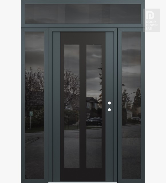 Modern Steel Front Door Diamond C14 60" x 96" anthracite/anthracite mirrored Glass Panel black LHI with 2 Sidelites and Transom mirrored Glass