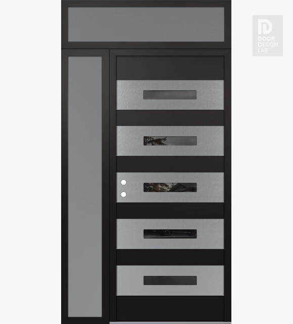 Modern Steel Front Door Diamond D9 48" x 96" black/black mirrored Glass Panel stainless steel RHI with Sidelite and Transom frosted Glass