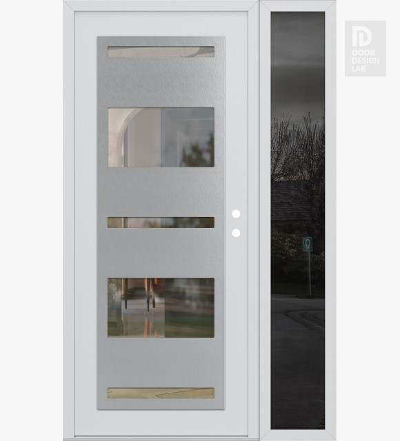 Modern Steel Front Door Diamond C10 52" x 80" white/white clear Glass Panel stainless steel LHI with Sidelite mirrored Glass