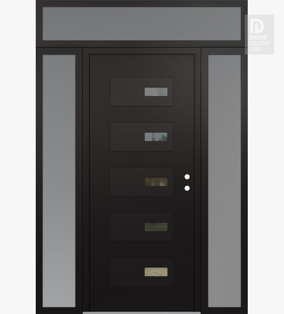 Modern Steel Front Door Diamond D7 64" x 96" black/black clear Glass Panel black LHI with 2 Sidelites and Transom frosted Glass