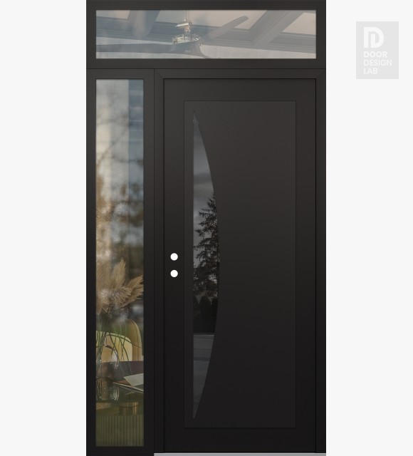 Modern Steel Front Door Diamond C13 50" x 96" black/black mirrored Glass Panel black RHI with Sidelite and Transom clear Glass