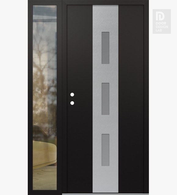 Modern Steel Front Door DIAMOND A7 48" X 80" BLACK/WHITE FROSTED GLASS PANEL STAINLESS STEEL RHI WITH SIDELITE CLEAR GLASS