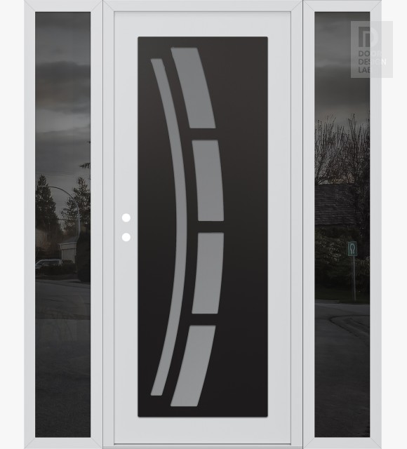 Modern Steel Front Door Diamond C12 68" x 80" white/white frosted Glass Panel black RHI with 2 Sidelites mirrored Glass