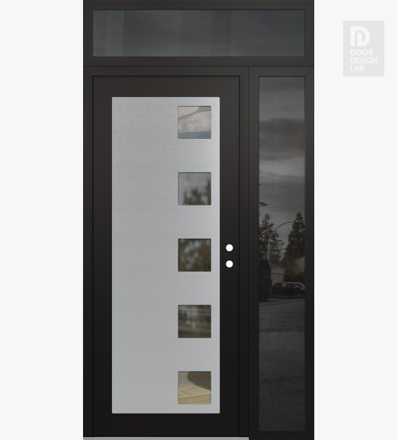 Modern Steel Front Door Diamond C5 48" x 96" black/black clear Glass Panel stainless steel LHI with Sidelite and Transom mirrored Glass
