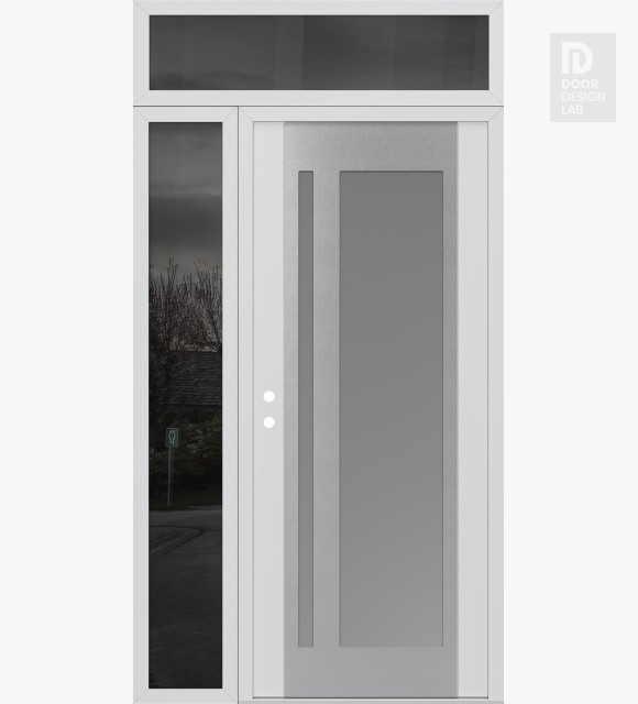 Modern Steel Front Door Diamond C15 50" x 96" white/white frosted Glass Panel stainless steel RHI with Sidelite and Transom mirrored Glass