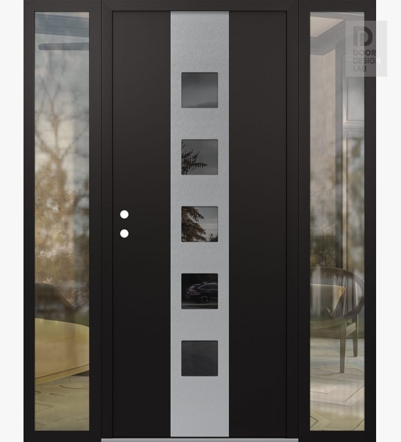 Modern Steel Front Door DIAMOND A13 68" X 80" BLACK/BLACK MIRRORED GLASS PANEL STAINLESS STEEL RHI WITH 2 SIDELITES CLEAR GLASS