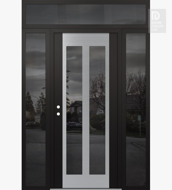 Modern Steel Front Door Diamond C14 60" x 96" black/black mirrored Glass Panel stainless steel RHI with 2 Sidelites and Transom mirrored Glass