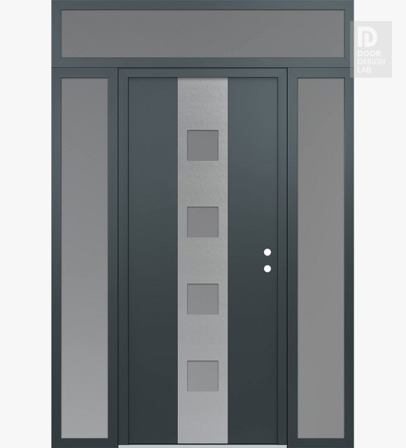 Modern Steel Front Door DIAMOND A12 60" X 96" ANTHRACITE/ANTHRACITE FROSTED GLASS PANEL STAINLESS STEEL LHI WITH 2 SIDELITES AND TRANSOM FROSTED GLASS