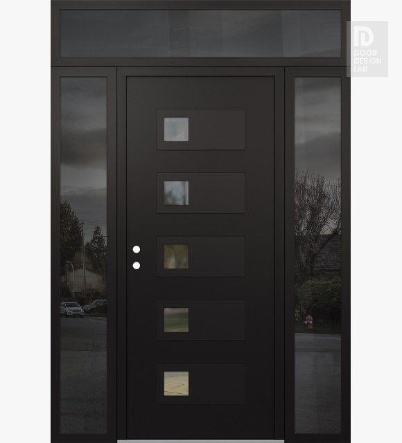 Modern Steel Front Door Diamond D2 68" x 96" black/black clear Glass Panel black RHI with 2 Sidelites and Transom mirrored Glass