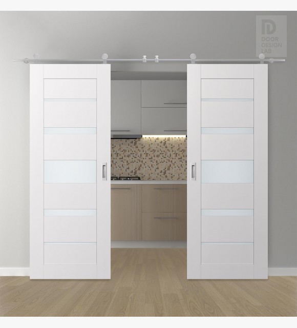 DOUBLE BARN DOOR AVON 07-03 VETRO SNOW WHITE 36" X 80" X 1 3/4" STAINLESS STEEL HARDWARE