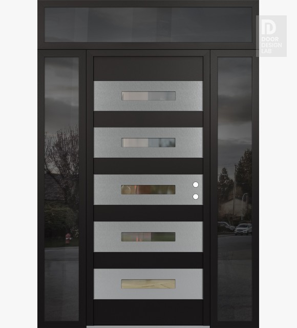 Modern Steel Front Door Diamond D9 68" x 96" black/black clear Glass Panel stainless steel LHI with 2 Sidelites and Transom mirrored Glass