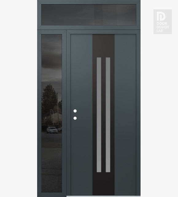 Modern Steel Front Door DIAMOND A8 50" X 96" ANTHRACITE/ANTHRACITE FROSTED GLASS PANEL BLACK RHI WITH SIDELITE AND TRANSOM MIRRORED GLASS