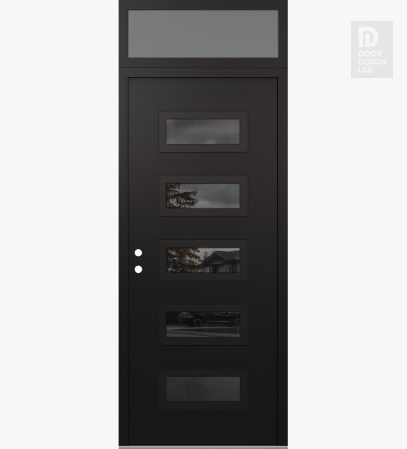 Modern Steel Front Door Diamond D1 36" x 96" black/black mirrored Glass Panel black RHI with Transom frosted Glass