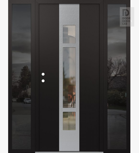 Modern Steel Front Door DIAMOND A9 64" X 80" BLACK/BLACK CLEAR GLASS PANEL STAINLESS STEEL RHI WITH 2 SIDELITES MIRRORED GLASS