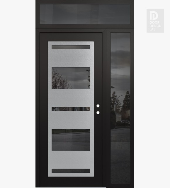 Modern Steel Front Door Diamond C10 52" x 96" black/black mirrored Glass Panel stainless steel LHI with Sidelite and Transom mirrored Glass