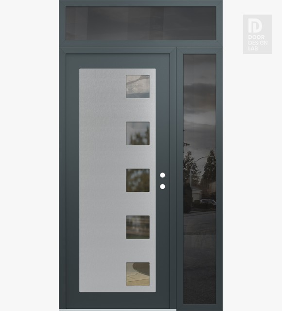 Modern Steel Front Door Diamond C5 52" x 96" anthracite/anthracite clear Glass Panel stainless steel LHI with Sidelite and Transom mirrored Glass