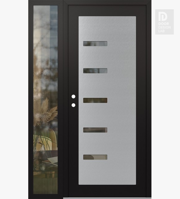 Modern Steel Front Door Diamond C8 52" x 80" black/black clear Glass Panel stainless steel RHI with Sidelite clear Glass