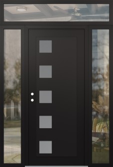 Diamond C5 64" x 96" black/white frosted Glass Panel black RHI with 2 Sidelites and Transom clear Glass