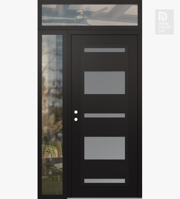 Modern Steel Front Door Diamond C10 48" x 96" black/white frosted Glass Panel black RHI with Sidelite and Transom clear Glass