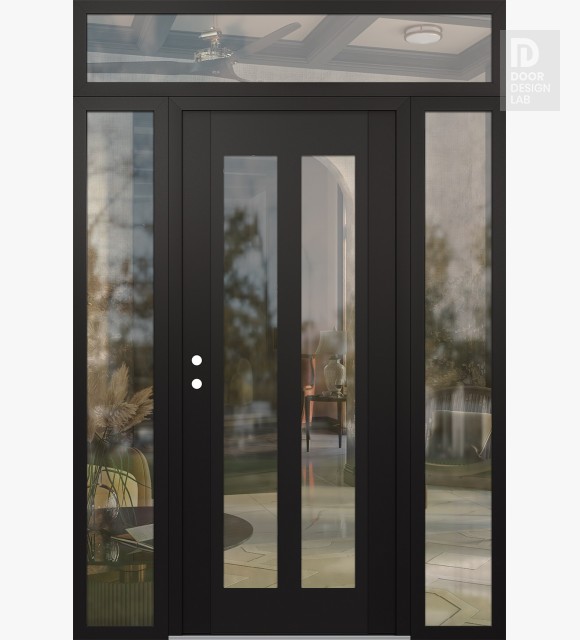Modern Steel Front Door Diamond C14 68" x 96" black/black clear Glass Panel black RHI with 2 Sidelites and Transom clear Glass