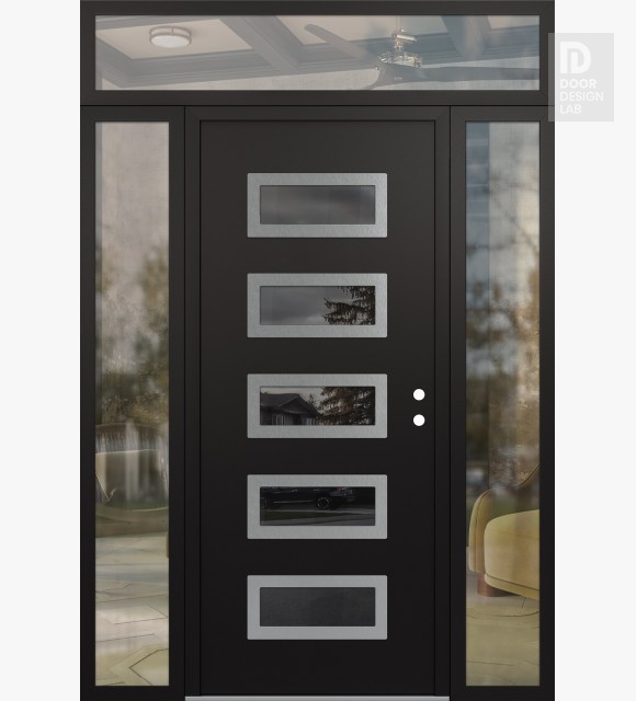 Modern Steel Front Door Diamond D1 60" x 96" black/black mirrored Glass Panel stainless steel LHI with 2 Sidelites and Transom clear Glass